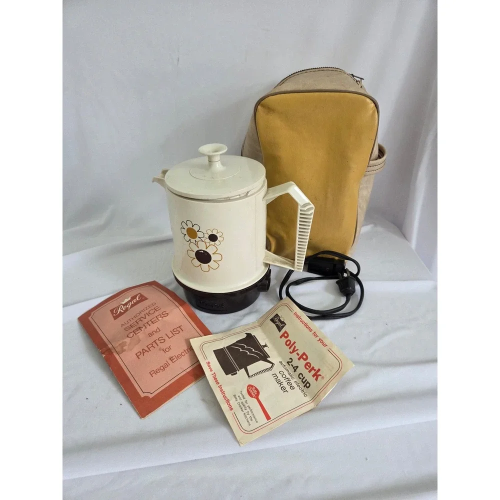 Vintage Regal Poly-Perk Electric Coffee Maker 2-4 Cup Daisy Floral Travel Kit